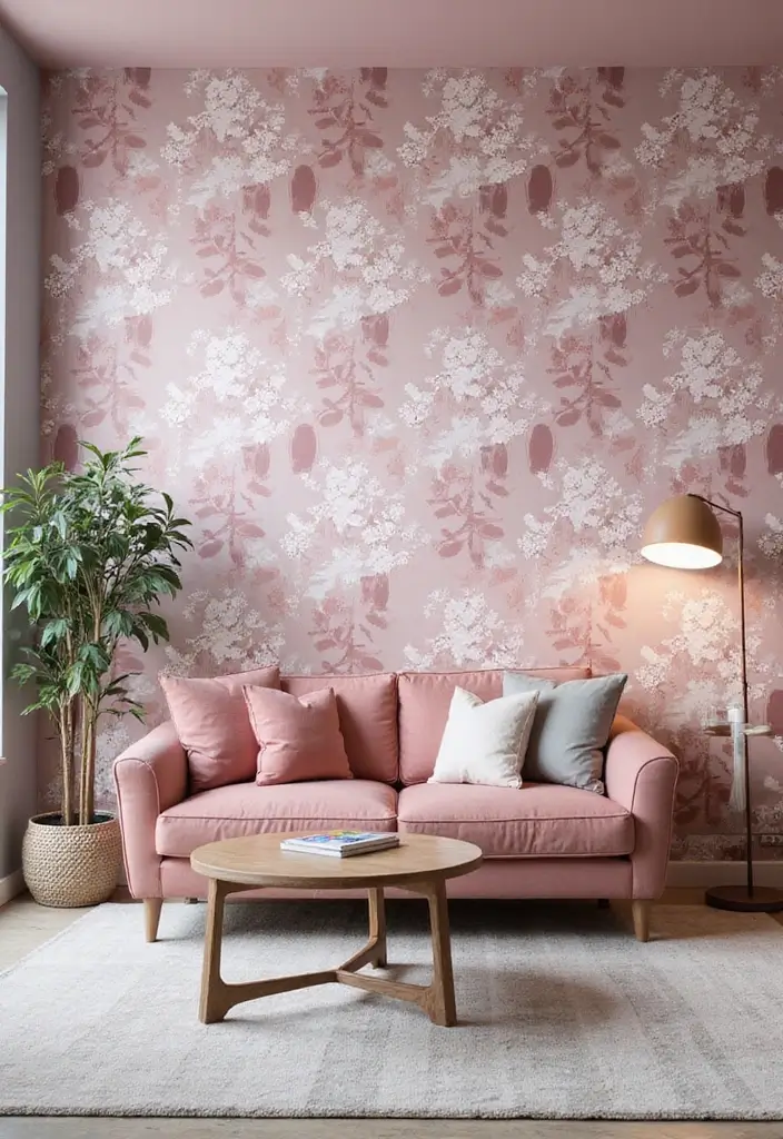 27 Pink Grey Living Room Ideas That Feel Balanced and Soft - 14. Bold Wallpaper Feature Wall