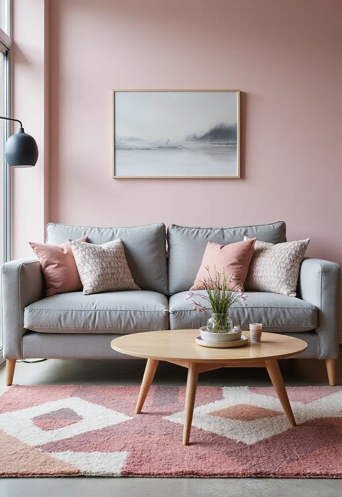 27 Pink Grey Living Room Ideas That Feel Balanced and Soft - 19. Fun Geometric Patterns