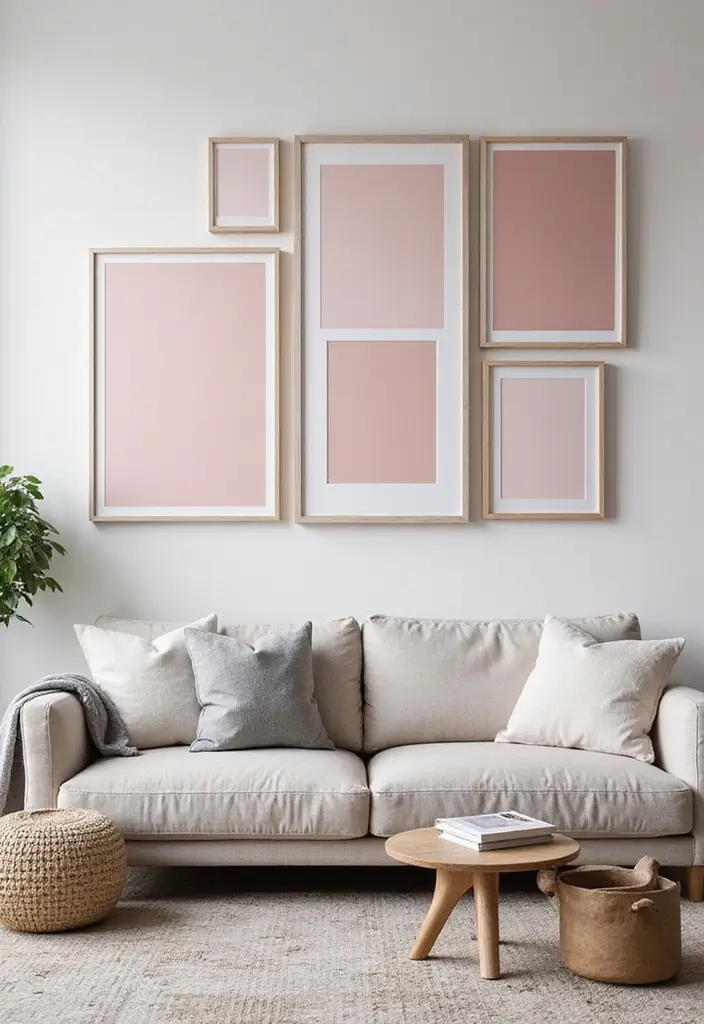 27 Pink Grey Living Room Ideas That Feel Balanced and Soft - 21. Pink Grey Themed Art Pieces