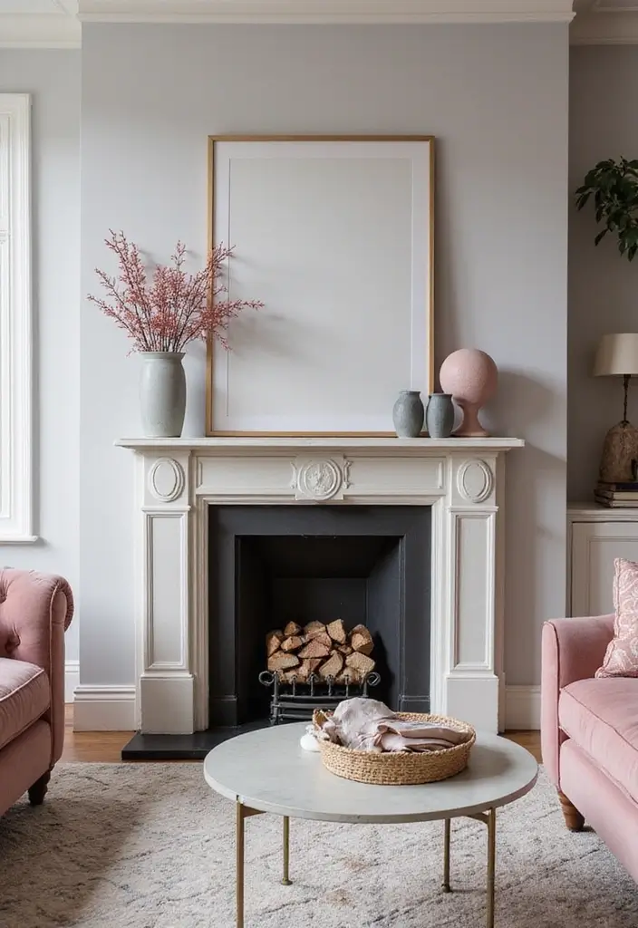 27 Pink Grey Living Room Ideas That Feel Balanced and Soft - 23. Cozy Focal Point with a Fireplace