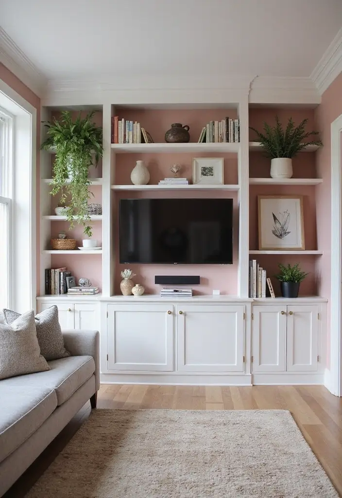 27 Pink Grey Living Room Ideas That Feel Balanced and Soft - 24. Custom Built-ins for Practicality