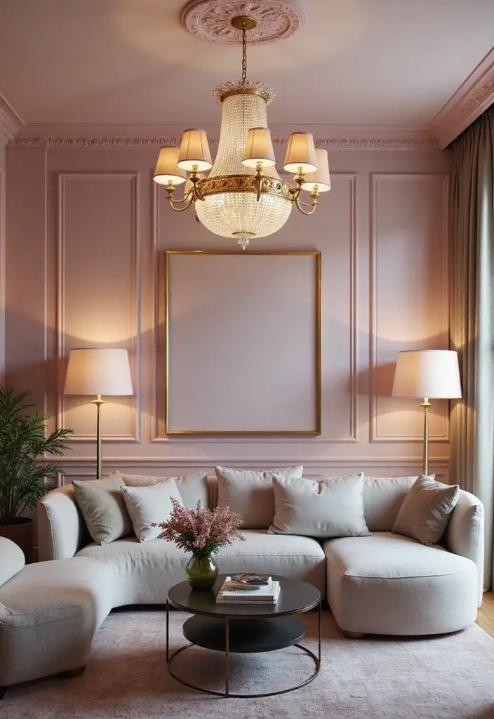 27 Pink Grey Living Room Ideas That Feel Balanced and Soft - 5. Statement Lighting Fixtures