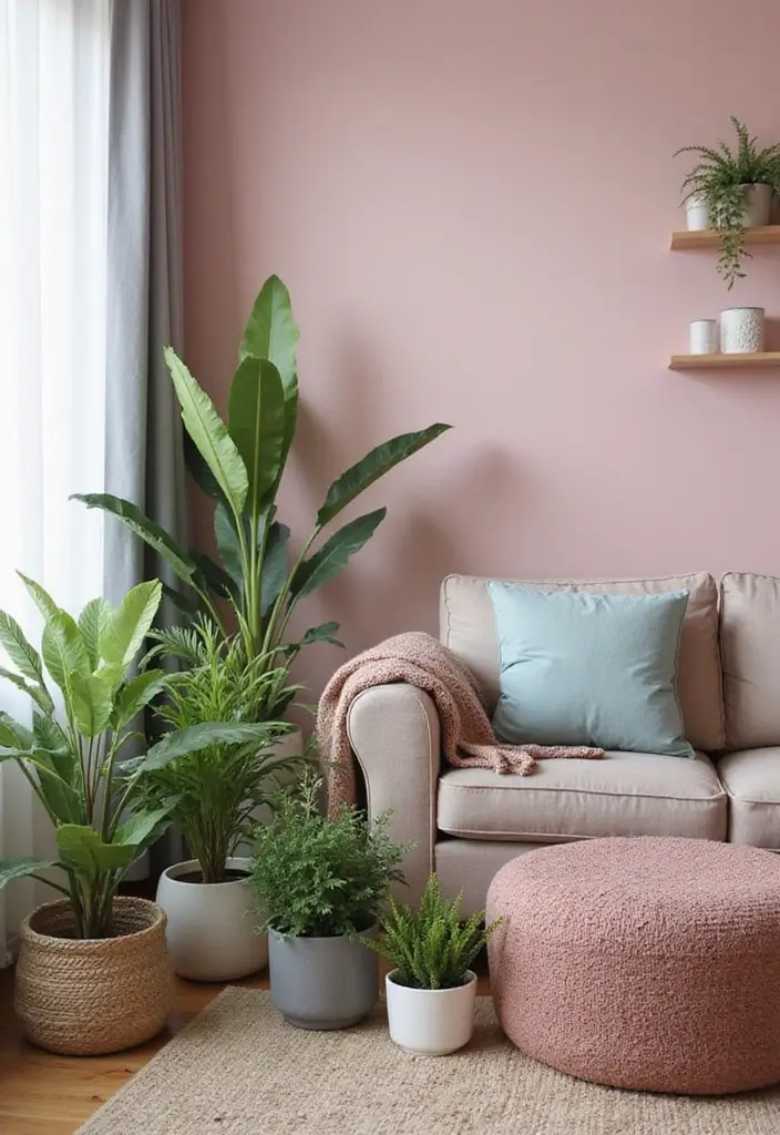 27 Pink Grey Living Room Ideas That Feel Balanced and Soft - 7. Greenery for a Fresh Touch