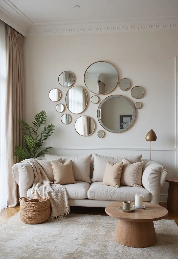27 Round Living Room Ideas That Feel Unique and Creative - 16. Round Mirror Arrangements