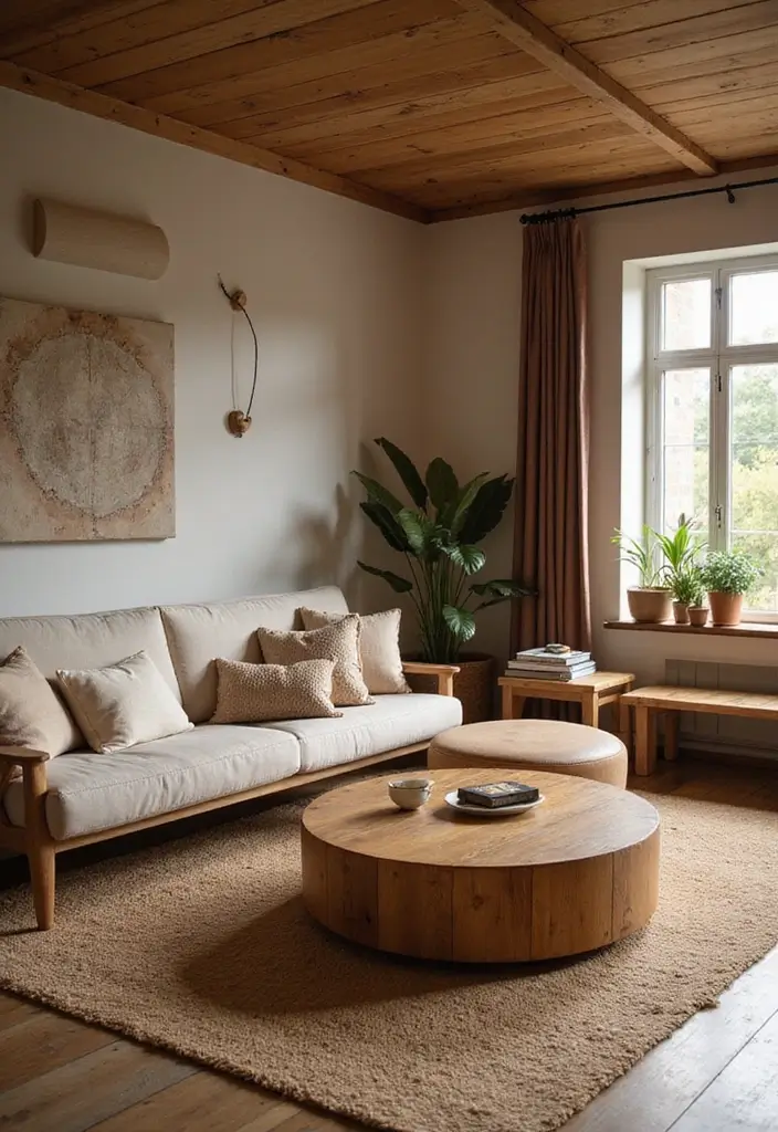 27 Round Living Room Ideas That Feel Unique and Creative - 18. Circular Wooden Furniture