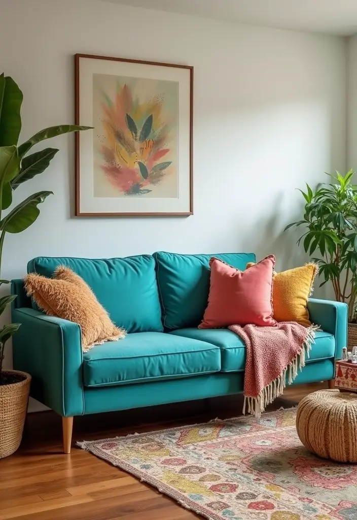 27 Turquoise Sofa Living Room Ideas That Add a Pop of Color - 1. Cozy Bohemian Haven