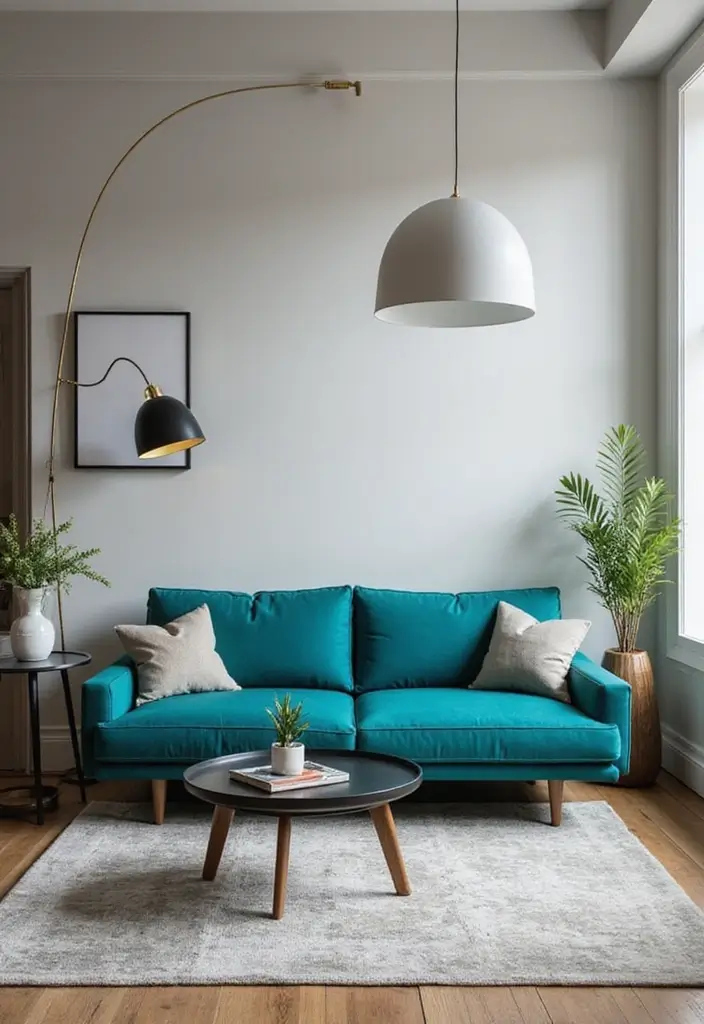 27 Turquoise Sofa Living Room Ideas That Add a Pop of Color - 10. Contemporary Chic