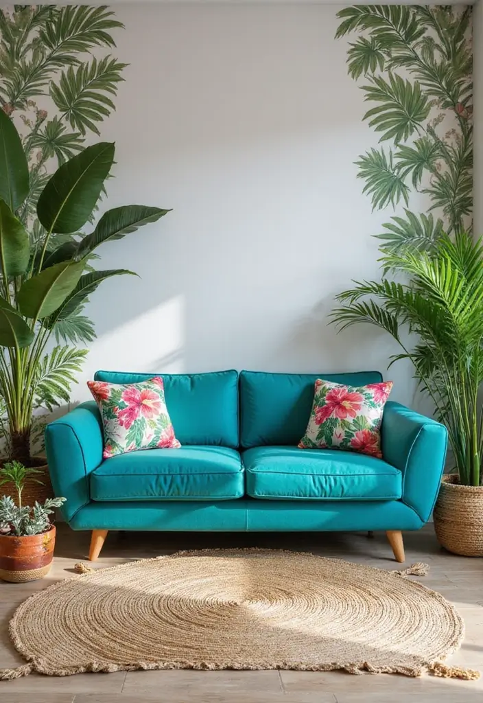 27 Turquoise Sofa Living Room Ideas That Add a Pop of Color - 11. Tropical Paradise