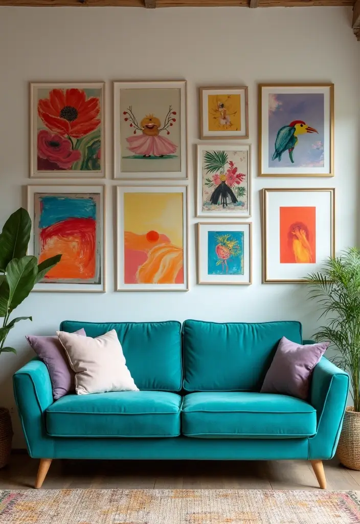 27 Turquoise Sofa Living Room Ideas That Add a Pop of Color - 12. Artistic Flair