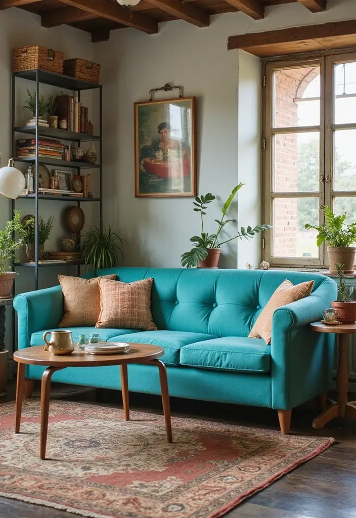 27 Turquoise Sofa Living Room Ideas That Add a Pop of Color - 13. Vintage Revival
