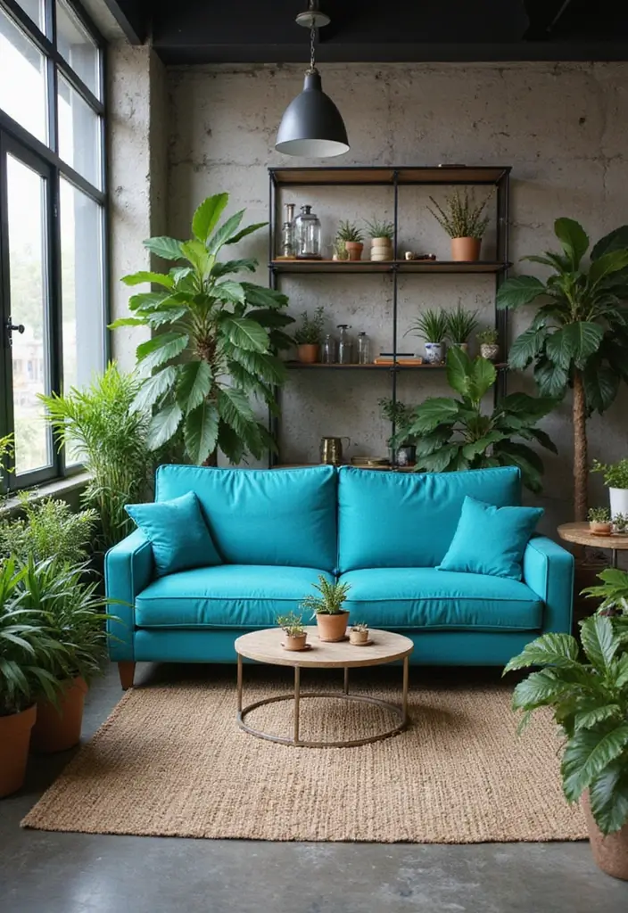 27 Turquoise Sofa Living Room Ideas That Add a Pop of Color - 15. Urban Oasis