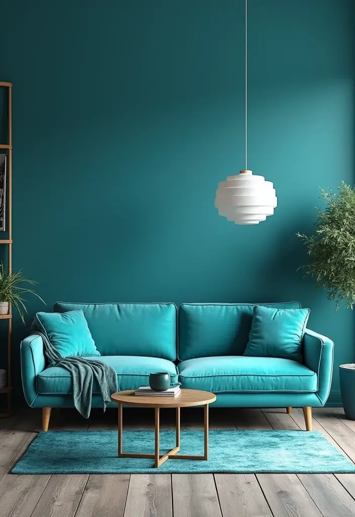 27 Turquoise Sofa Living Room Ideas That Add a Pop of Color - 16. Bold Monochrome
