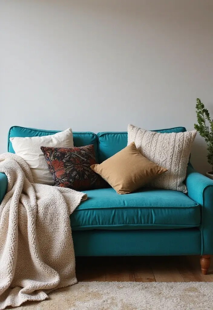 27 Turquoise Sofa Living Room Ideas That Add a Pop of Color - 17. Layered Textures