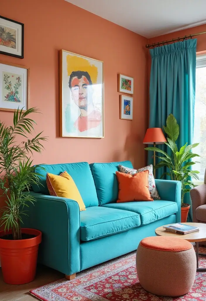 27 Turquoise Sofa Living Room Ideas That Add a Pop of Color - 18. Bright and Bold Accents