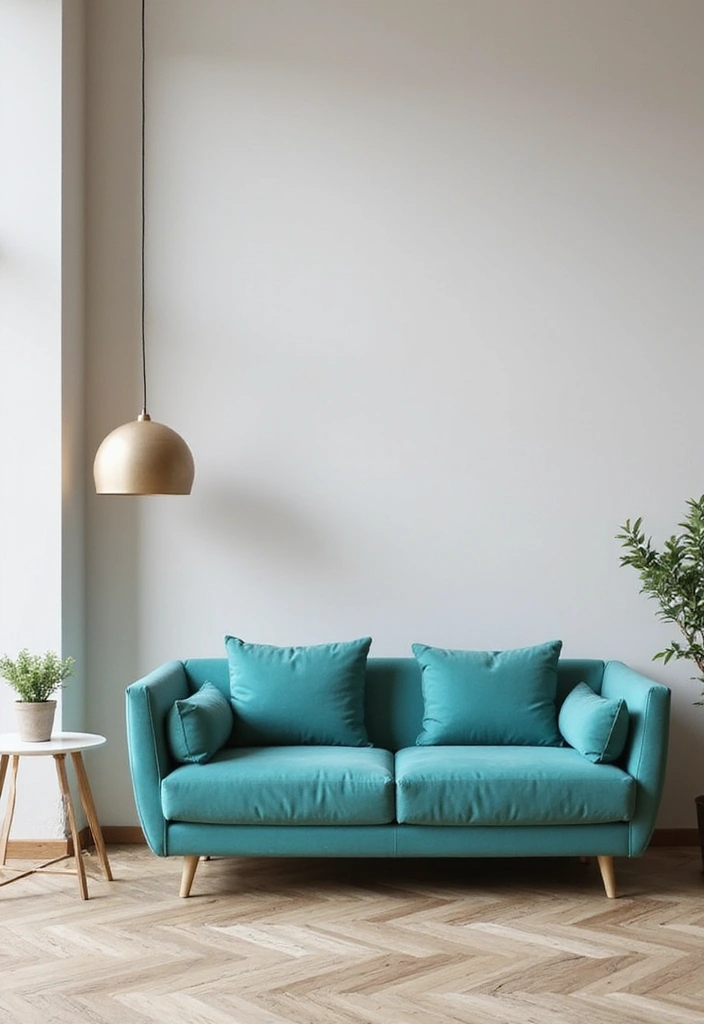 27 Turquoise Sofa Living Room Ideas That Add a Pop of Color - 2. Minimalist Charm