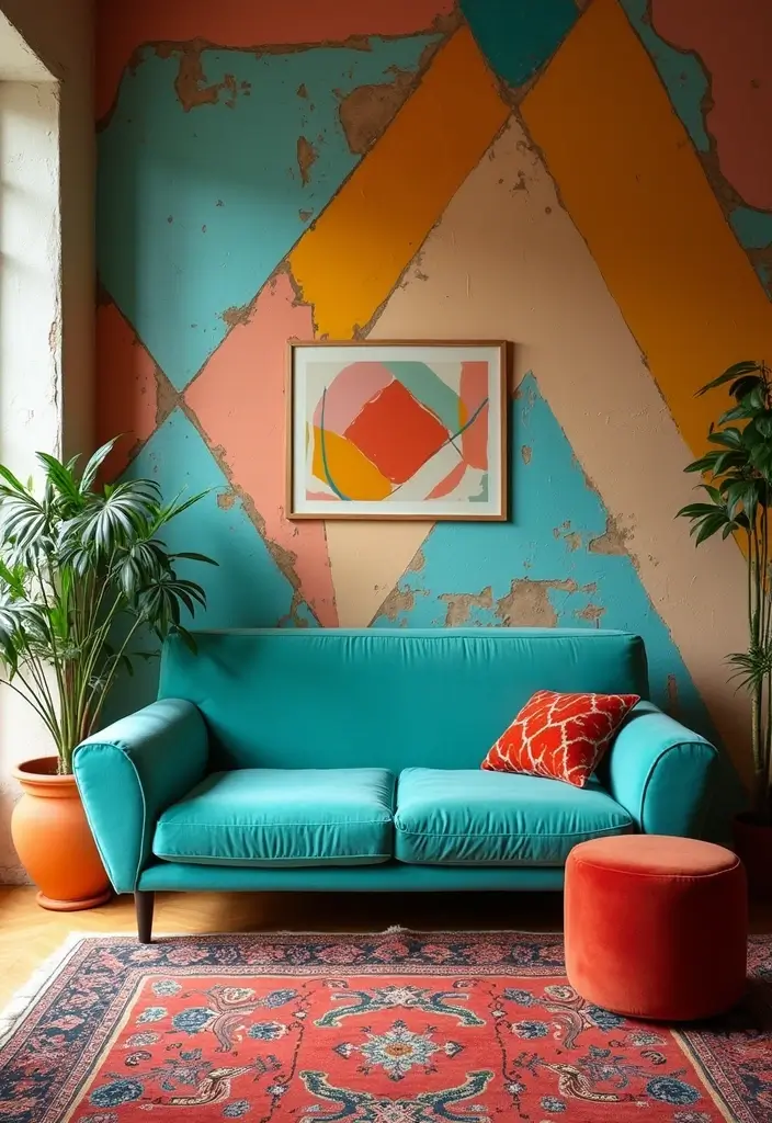 27 Turquoise Sofa Living Room Ideas That Add a Pop of Color - 20. Funky Retro Vibes