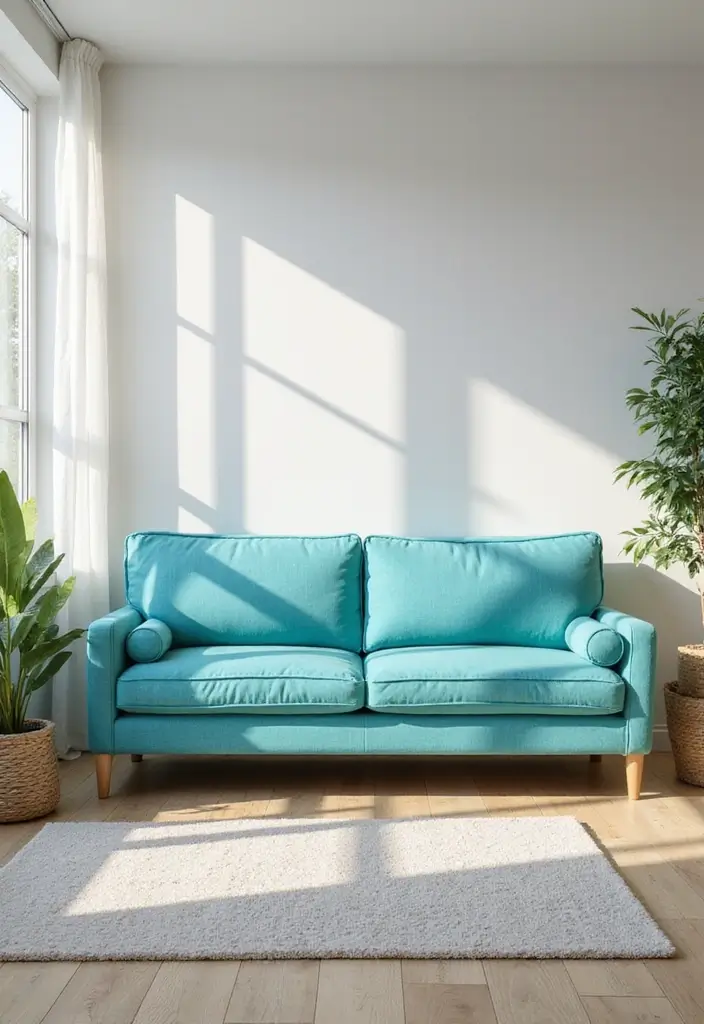 27 Turquoise Sofa Living Room Ideas That Add a Pop of Color - 21. Bright and Airy
