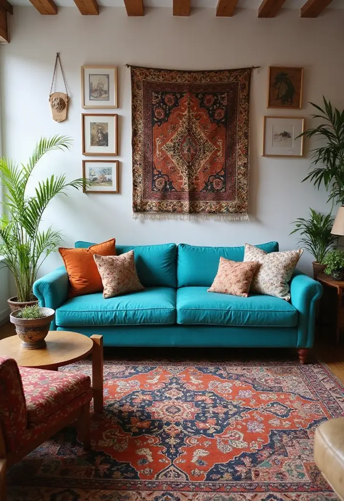 27 Turquoise Sofa Living Room Ideas That Add a Pop of Color - 22. Global Inspiration