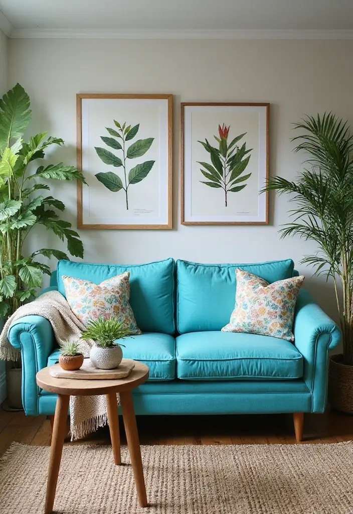 27 Turquoise Sofa Living Room Ideas That Add a Pop of Color - 24. Garden Escape
