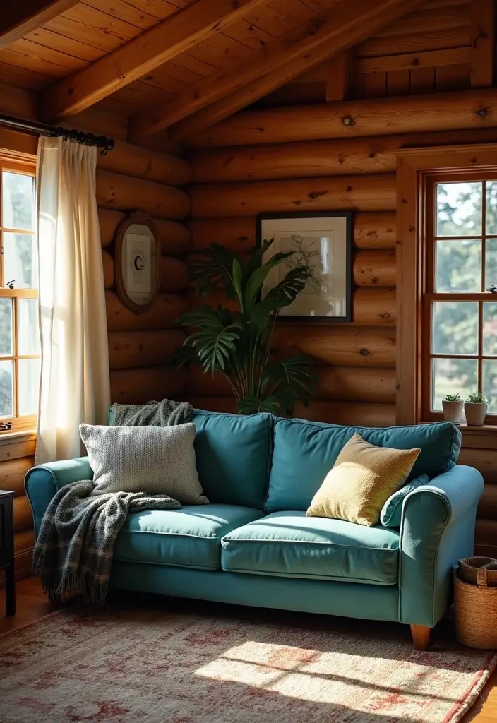27 Turquoise Sofa Living Room Ideas That Add a Pop of Color - 25. Cozy Cabin Retreat