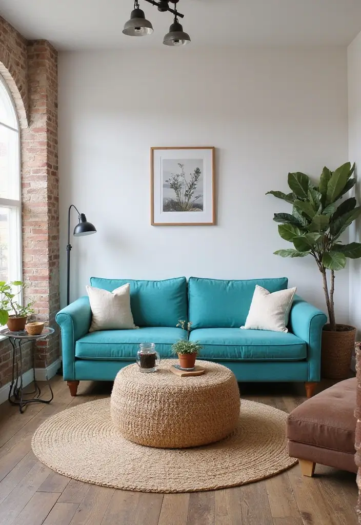 27 Turquoise Sofa Living Room Ideas That Add a Pop of Color - 26. Urban Farmhouse Fusion