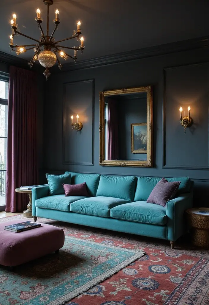 27 Turquoise Sofa Living Room Ideas That Add a Pop of Color - 3. Dramatic Contrast