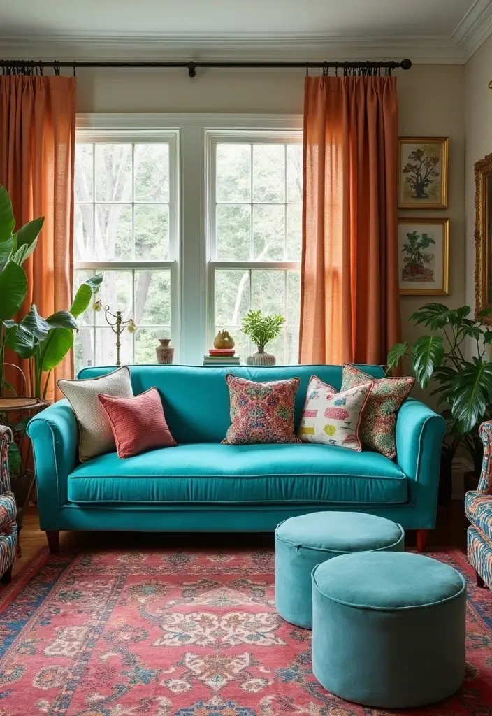 27 Turquoise Sofa Living Room Ideas That Add a Pop of Color - 4. Eclectic Mix