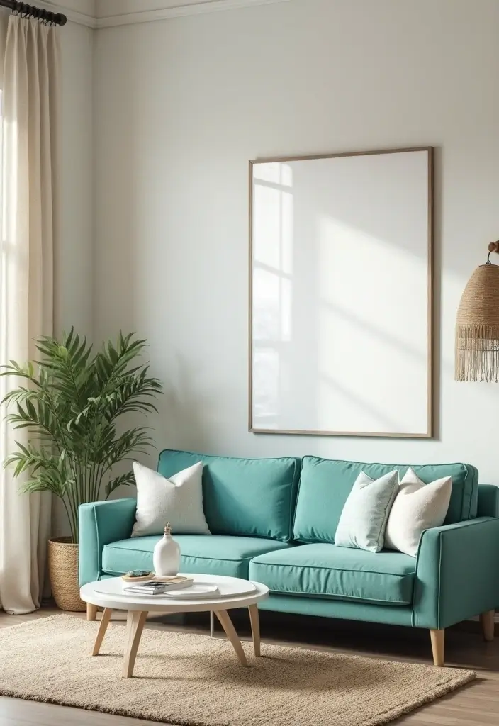 27 Turquoise Sofa Living Room Ideas That Add a Pop of Color - 5. Coastal Retreat