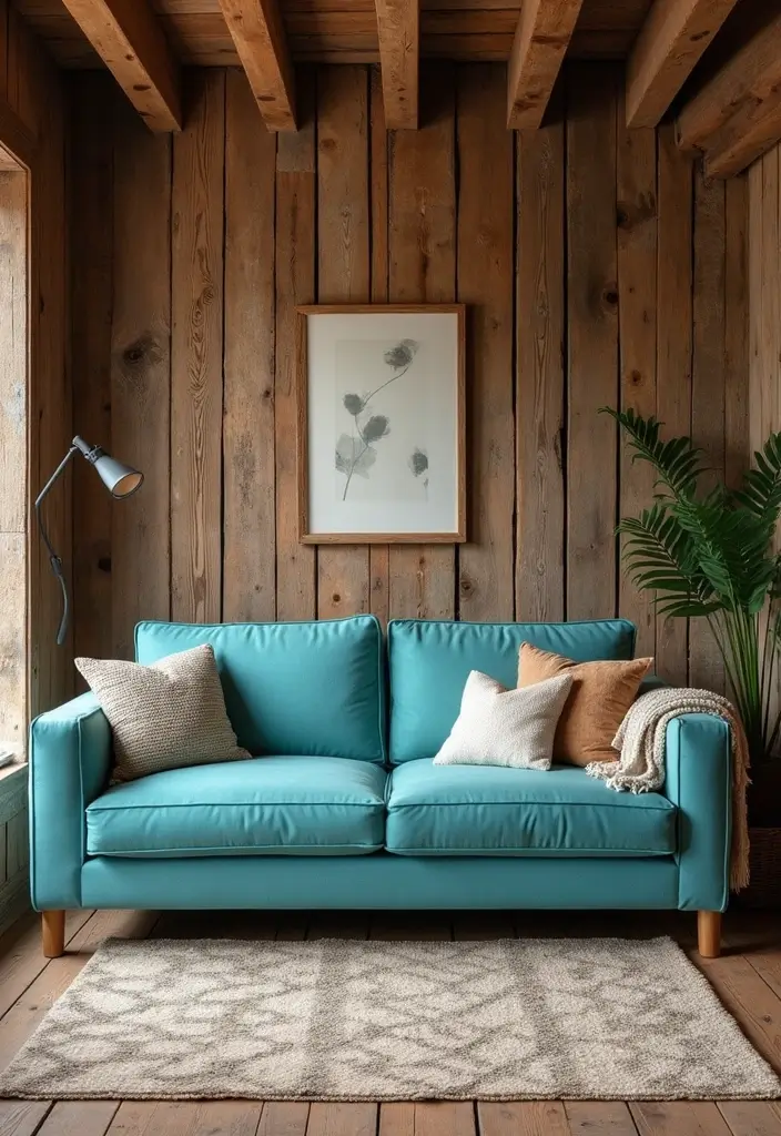 27 Turquoise Sofa Living Room Ideas That Add a Pop of Color - 6. Rustic Charm