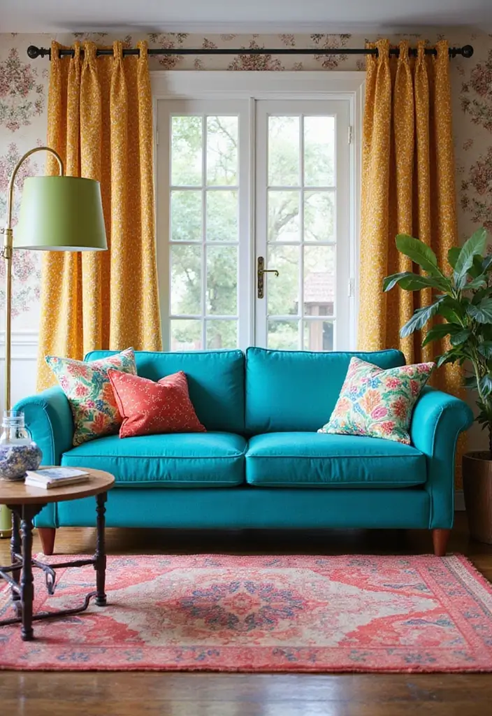 27 Turquoise Sofa Living Room Ideas That Add a Pop of Color - 7. Playful Patterns
