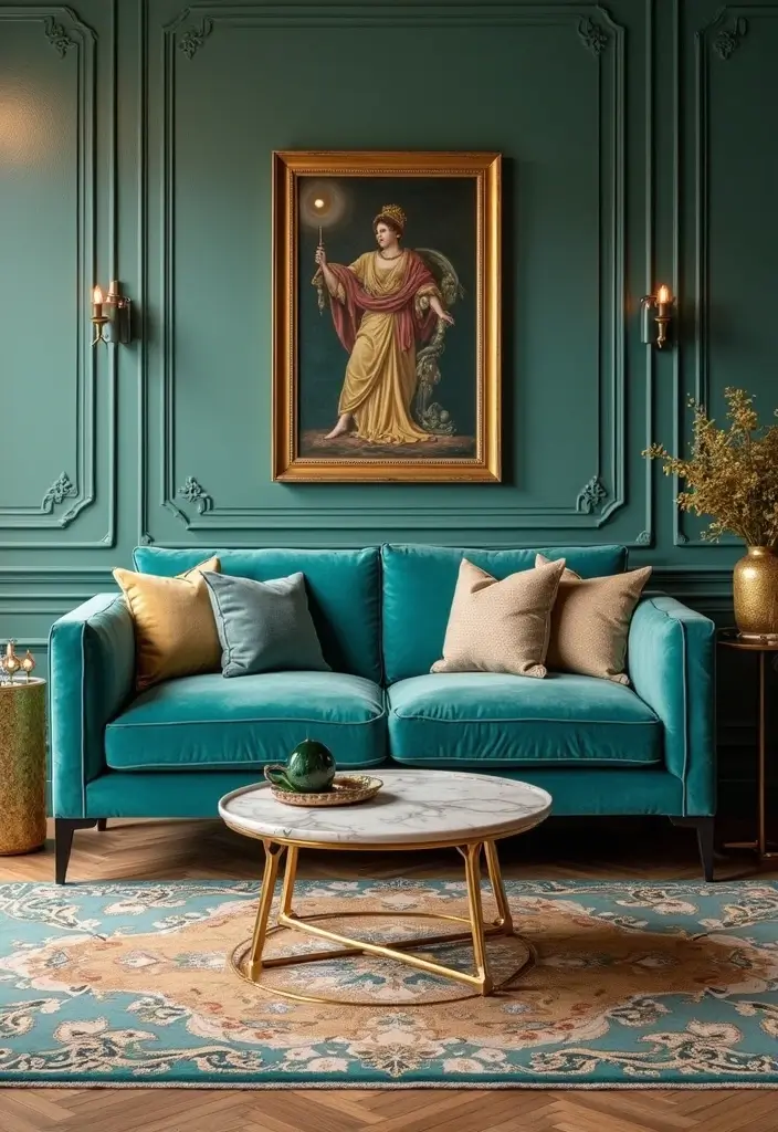 27 Turquoise Sofa Living Room Ideas That Add a Pop of Color - 8. Vintage Glam