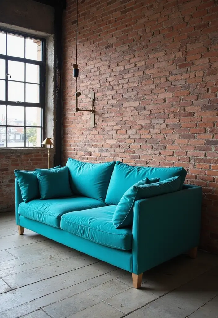 27 Turquoise Sofa Living Room Ideas That Add a Pop of Color - 9. Urban Industrial
