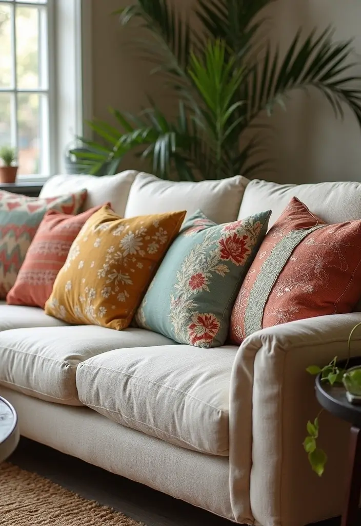 27 Vintage Living Room Ideas That Feel Classic and Nostalgic - 11. Vintage Accent Pillows