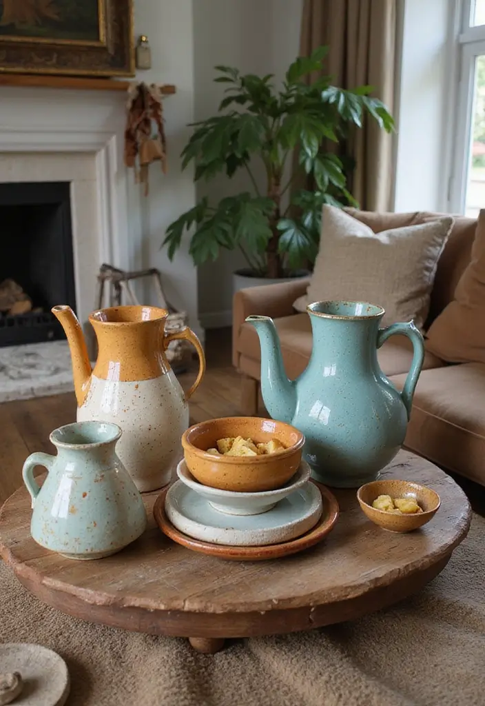 27 Vintage Living Room Ideas That Feel Classic and Nostalgic - 20. Vintage Pottery and Ceramics