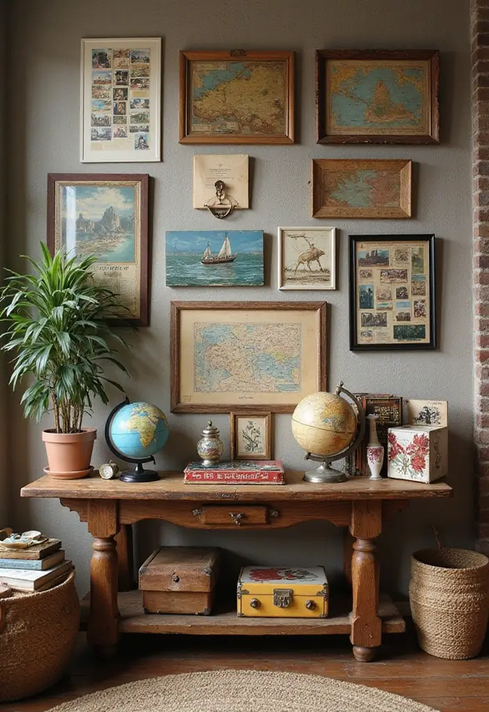 27 Vintage Living Room Ideas That Feel Classic and Nostalgic - 26. Vintage Travel Souvenirs