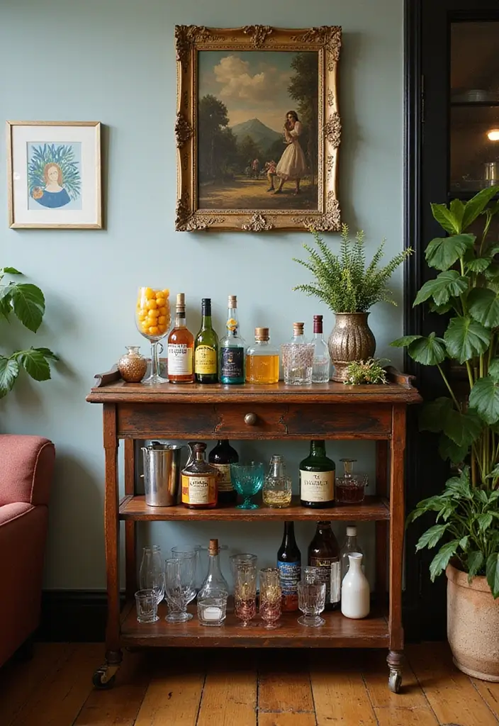 27 Vintage Living Room Ideas That Feel Classic and Nostalgic - 3. Retro Bar Cart