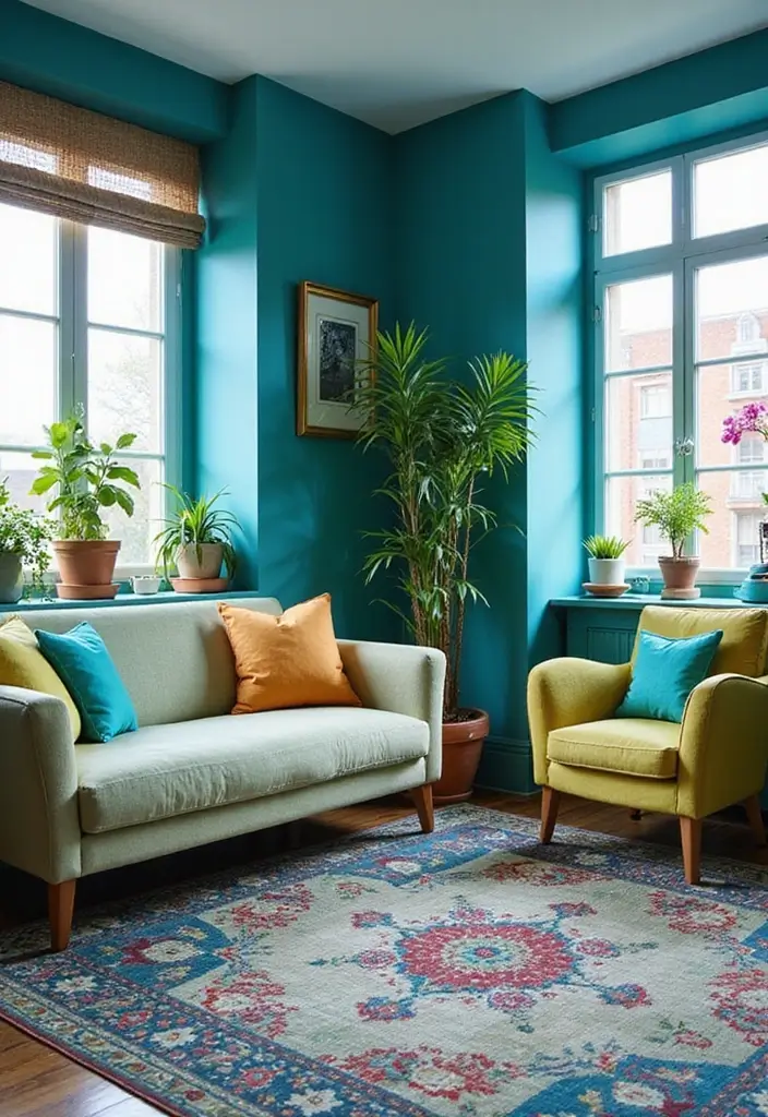 28 Blue Green Living Room Ideas That Feel Calm and Refreshing - 14. Bold Blue Green Accents