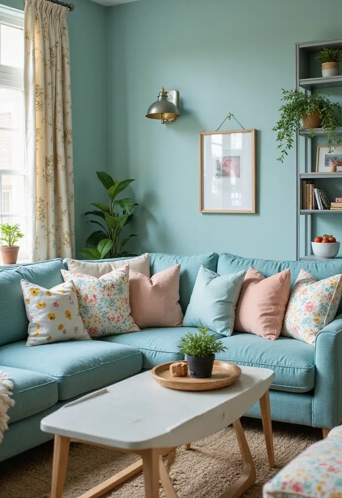 28 Blue Green Living Room Ideas That Feel Calm and Refreshing - 17. Playful Patterns