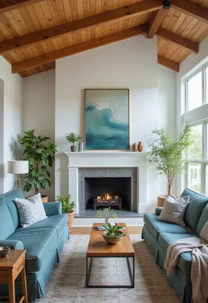 28 Blue Green Living Room Ideas That Feel Calm and Refreshing - 18. Warm Wood Tones