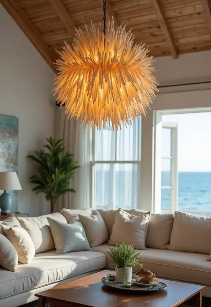 28 Blue Green Living Room Ideas That Feel Calm and Refreshing - 19. Statement Lighting Fixtures