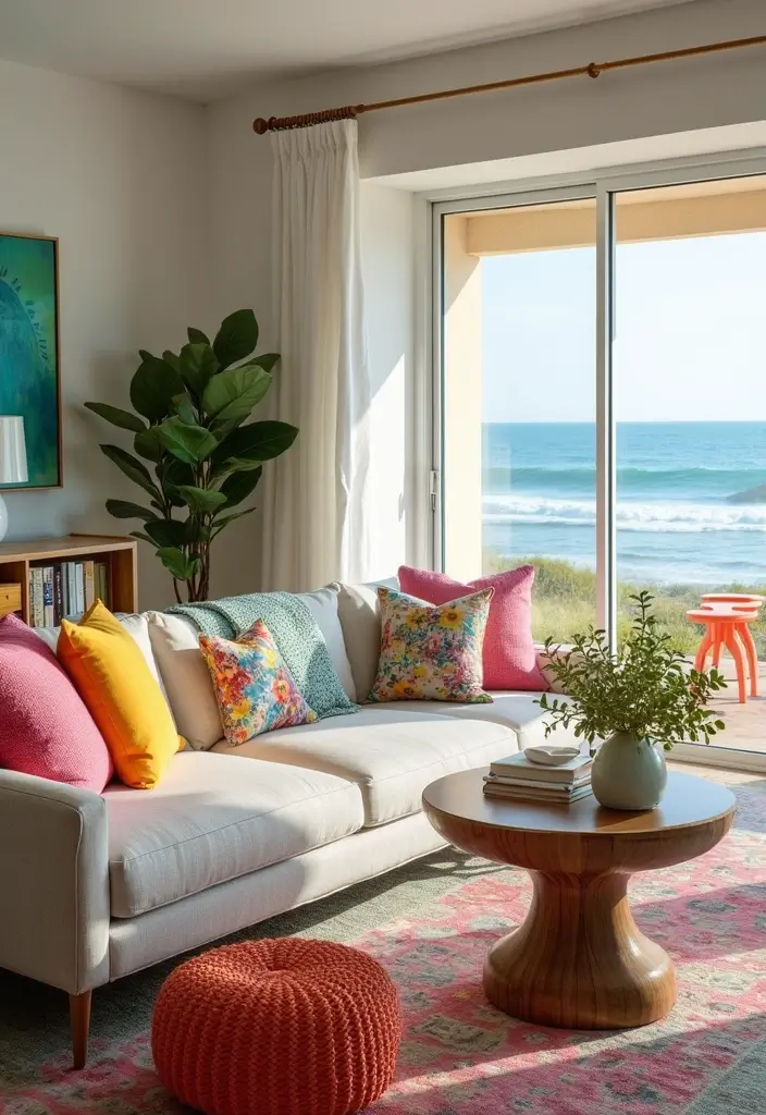 28 Blue Green Living Room Ideas That Feel Calm and Refreshing - 20. Colorful Coastal Accents