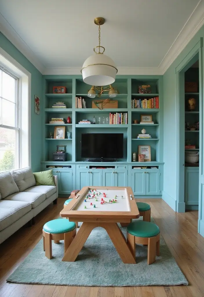 28 Blue Green Living Room Ideas That Feel Calm and Refreshing - 23. Integrate a Fun Game Area