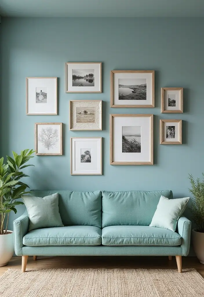 28 Blue Green Living Room Ideas That Feel Calm and Refreshing - 25. Create a Gallery Wall of Memories