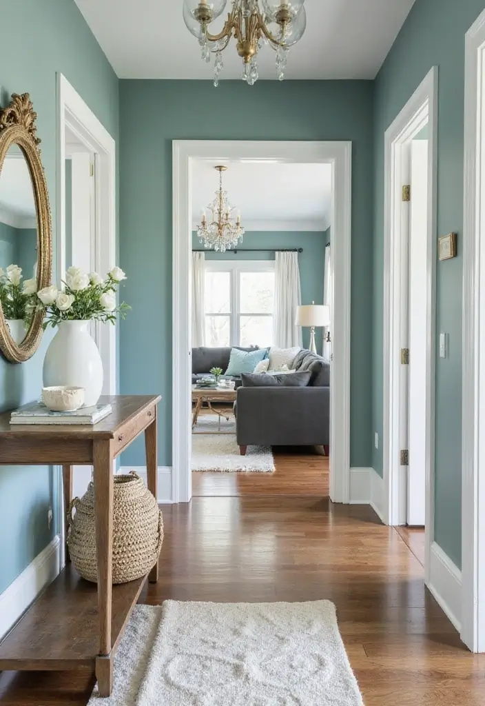 28 Blue Green Living Room Ideas That Feel Calm and Refreshing - 28. Inviting Entryway
