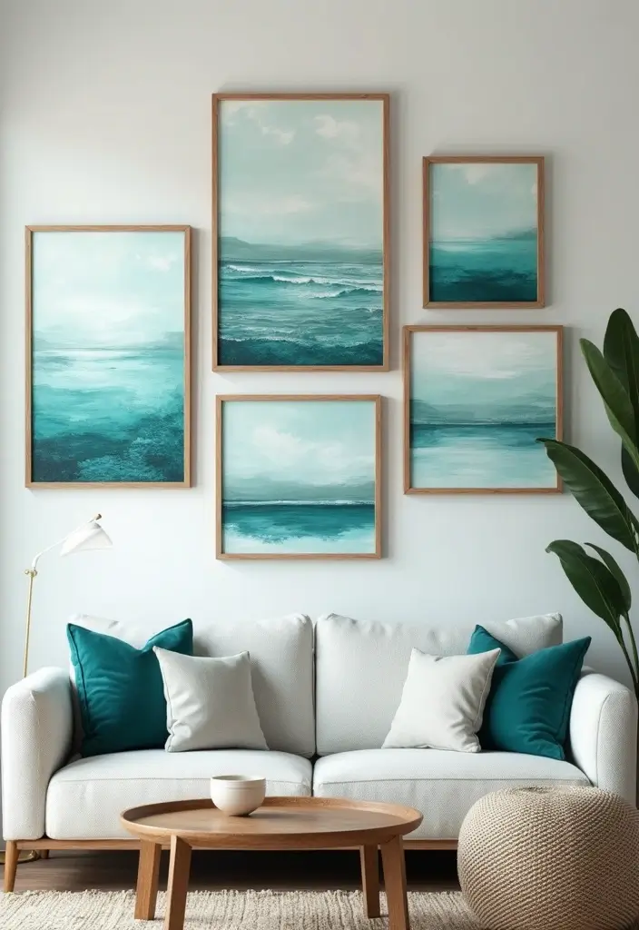 28 Blue Green Living Room Ideas That Feel Calm and Refreshing - 6. Coastal-Inspired Artwork