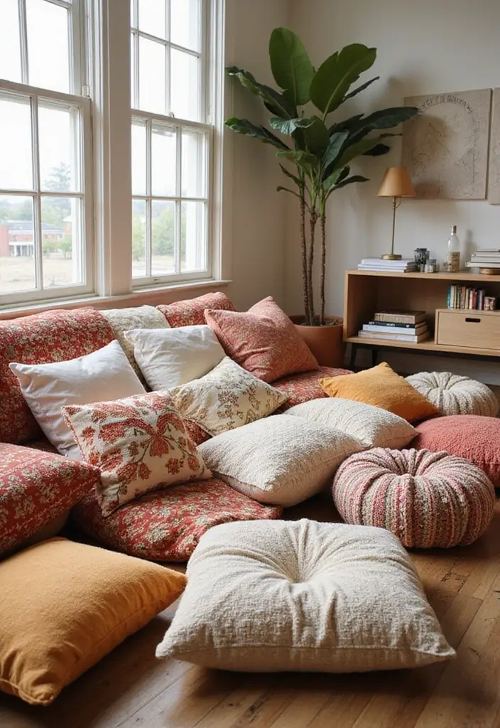 28 Earthy Boho Living Room Ideas That Feel Warm and Grounded - 11. Cozy Floor Cushions