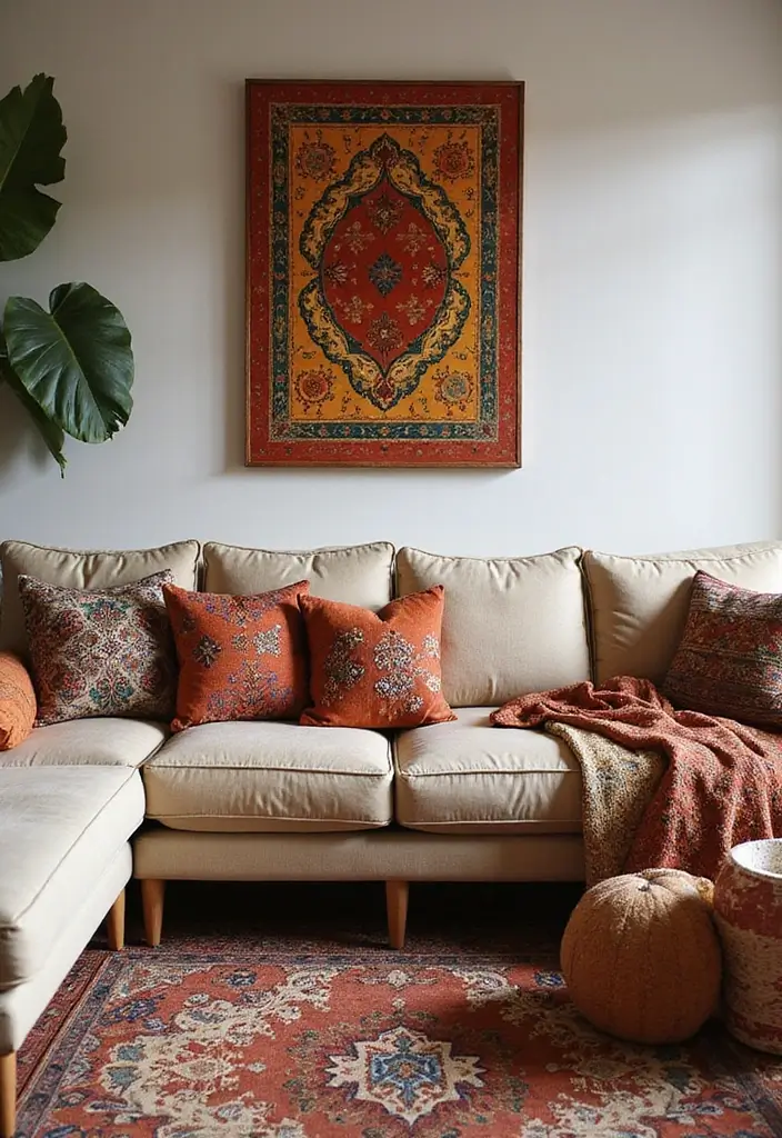 28 Earthy Boho Living Room Ideas That Feel Warm and Grounded - 15. Incorporate Earthy Patterns