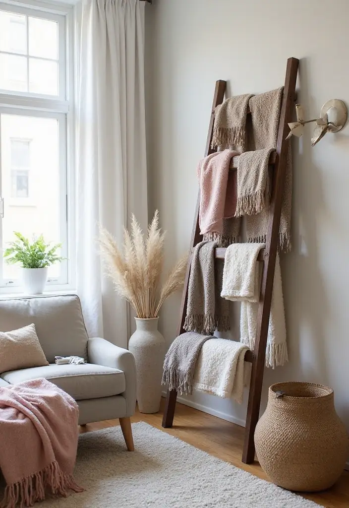 28 Earthy Boho Living Room Ideas That Feel Warm and Grounded - 21. Cozy Blanket Ladder