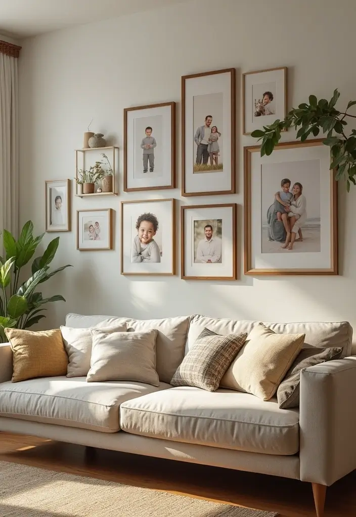 28 Earthy Boho Living Room Ideas That Feel Warm and Grounded - 25. Personalized Family Displays