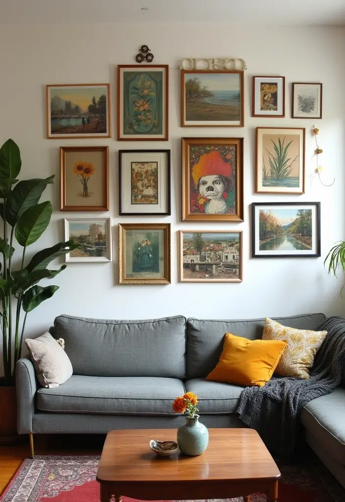 28 Gallery Living Room Ideas That Showcase Art Beautifully - 1. Eclectic Gallery Wall